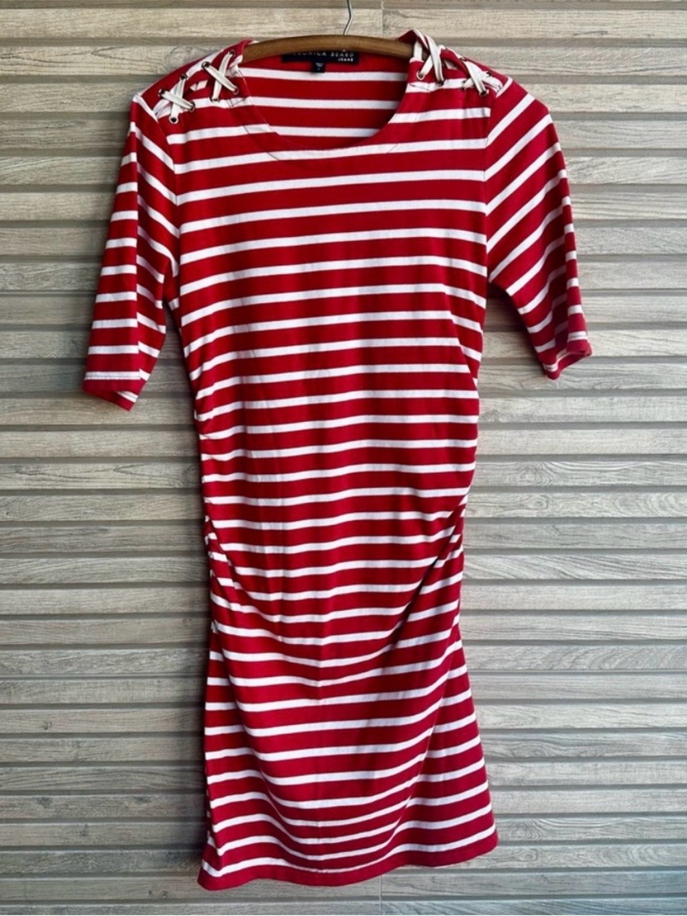 Veronica Beard Jeans Red White Striped Ruched Laced “Rope” Detail Dress Small